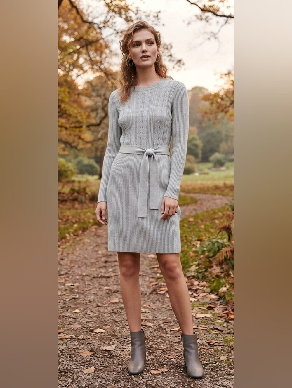 Light Gray Cable-Knit Midi Dress with Waist Tie